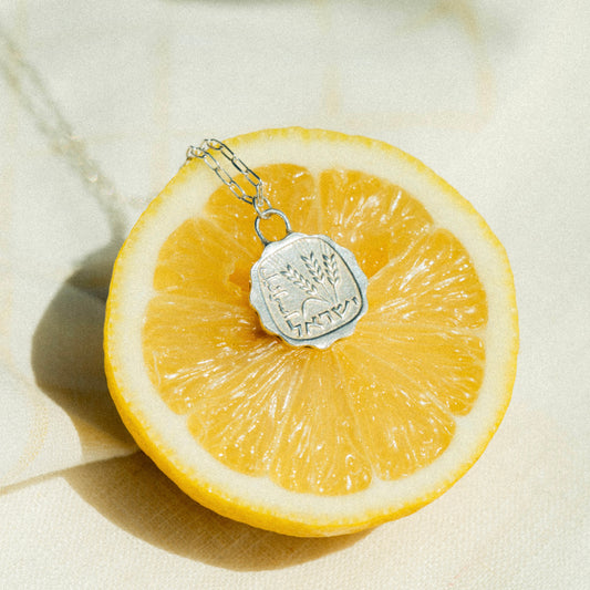 שרשרת כסף 925 עם תליון 'אגורה' נוסטלגי המציג תבנית מטבע עתיק ושיבולי שדה, עבודת יד של Shiroo המבטאת חיבור לשורשים ישראליים.