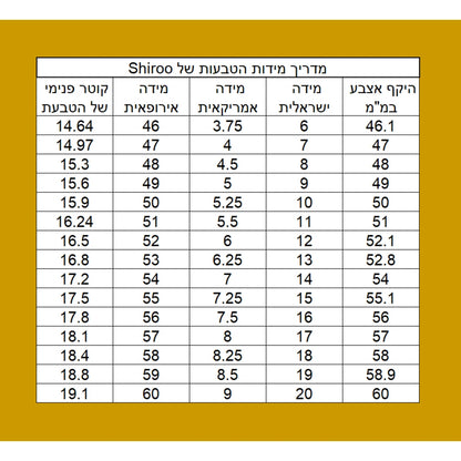 מדריך מידות לטבעות Shiroo Jewelry, טבלה להשוואת מידות ישראליות ובינלאומיות המבטיחה התאמה מדויקת לרכישה אונליין.