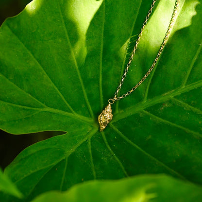 תליון קונכיית ים עדין מכסף סטרלינג מונח על עלה ירוק בטבע, עיצוב אורגני ייחודי בהשראת הים.