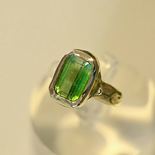 טבעת זהב 14 קראט בעיצוב אישי עם אבן חן טורמלין ברזילאית ירוקה מלבנית במבט מלא