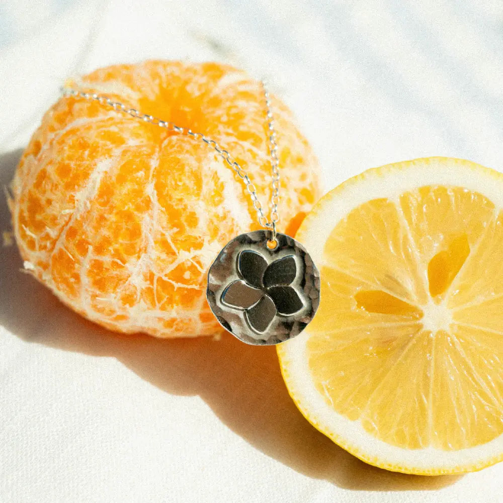 שרשרת כסף 925 עם תליון פרח פלומריה בעיצוב אורגני, מונחת על קלמנטינה רעננה כחלק מקולקציית הטבע של Shiroo.