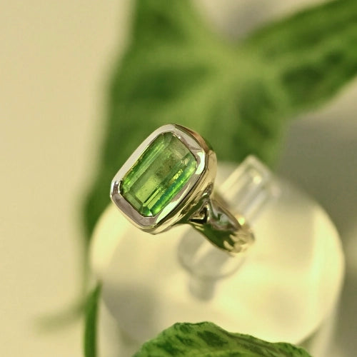 טבעת זהב 14 קראט בעיצוב אישי עם אבן טורמלין ירוקה על רקע צמחייה, מציגה את השילוב בין צורפות ידנית לאלמנטים מהטבע